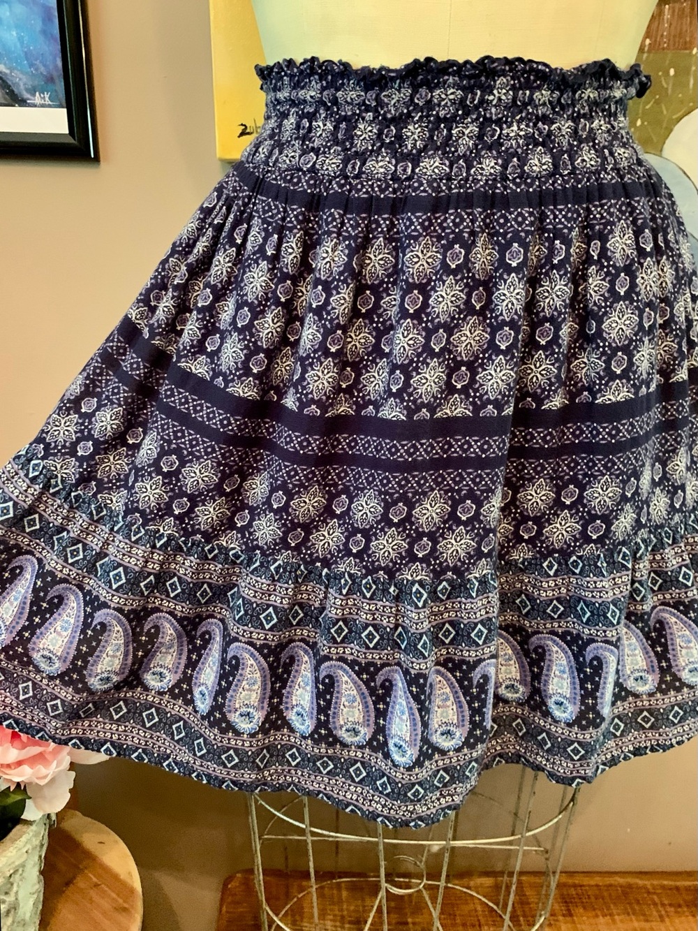 Old Navy Navy Blue Boho Paisley Smocked Mini Skirt Size XS